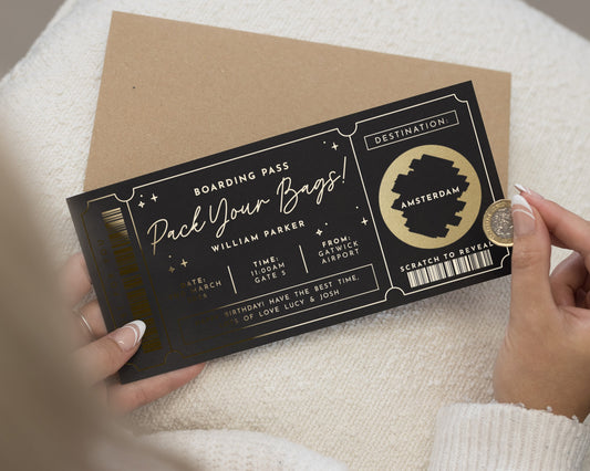 Personalised Pack Your Bags Gift Voucher, Scratch To Reveal Holiday, Gold Foil Boarding Pass, Custom Travel Surprise