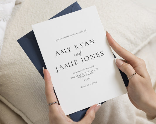 Navy Wedding Invitations, Minimalist Black and White Wedding Invite, Elegant Typography Invitation Suite, Personalised Wedding Stationery