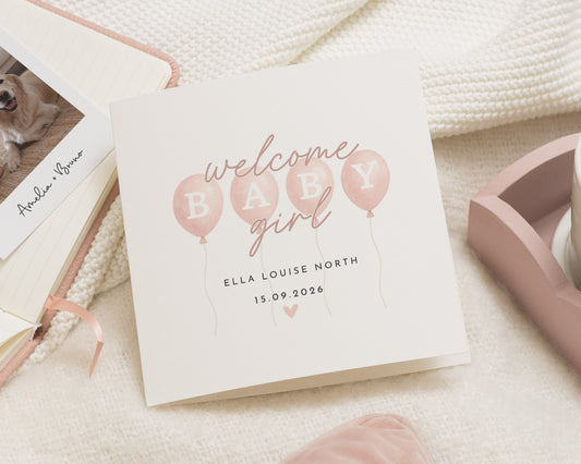 Welcome Baby Girl Card, Personalised New Baby Card, Baby Girl Congratulations Card, Custom Baby Card, Newborn Girl Card