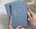 Blue Grey Wedding Invitations, Botanical Wedding Invites, Elegant Wildflower Circle Design, Personalised Wedding Invitations