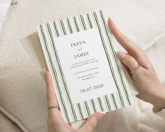 Sage Green Stripe Wedding Invitations, Elegant Minimal Wedding Invite, Classic Personalised Invitation Suite, Modern Wedding Stationery