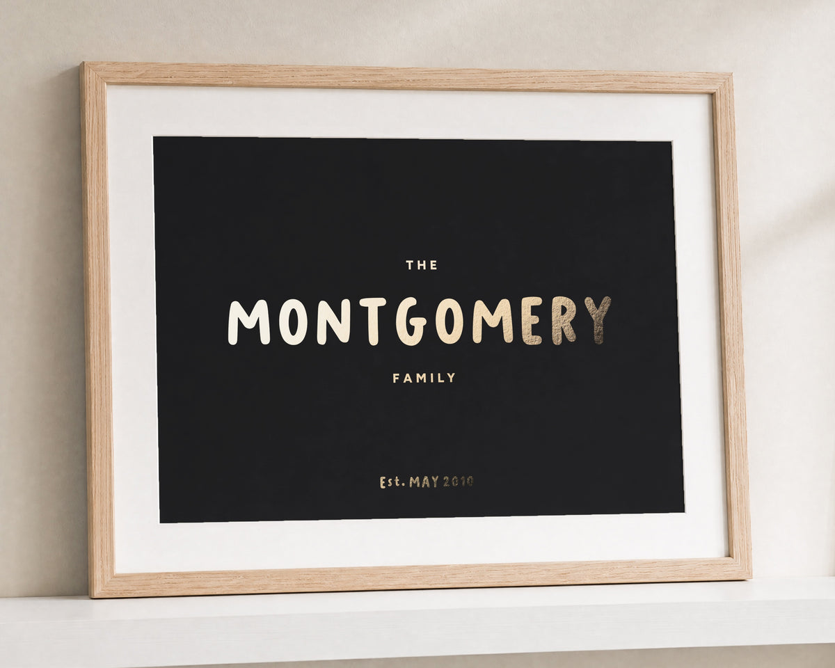 Personalised Gold Foil Family Name Print, Black Wall Art, Family Gift, New Home Gift, House Warming Gift, Oak Framed Print