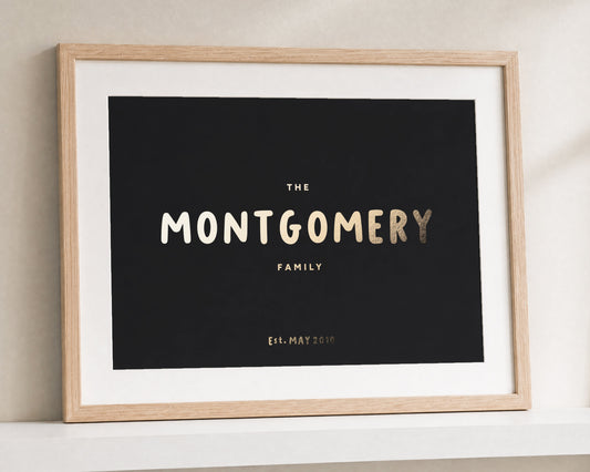 Personalised Gold Foil Family Name Print, Black Wall Art, Family Gift, New Home Gift, House Warming Gift, Oak Framed Print