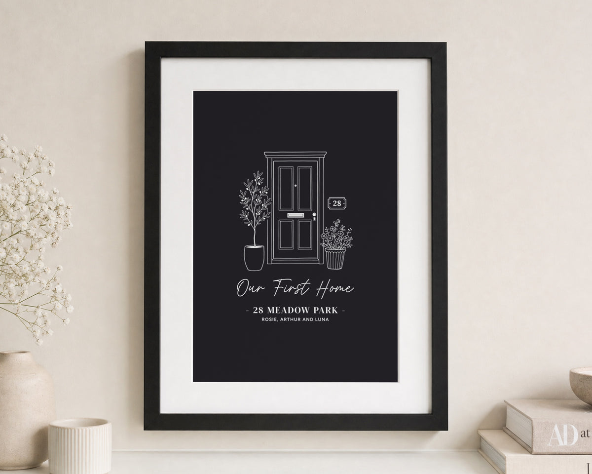 Personalised First Home Print, Black Wall Art, New Home Gift, House Warming Gift, Custom Address Print, Portrait Framed Print