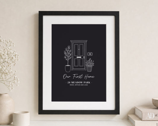 Personalised First Home Print, Black Wall Art, New Home Gift, House Warming Gift, Custom Address Print, Portrait Framed Print