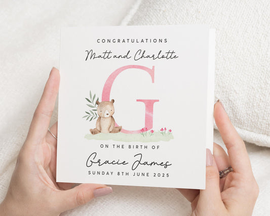 New Baby Card, Personalised Baby Girl Card, Birth Congratulations Card, Teddy Bear Card, Custom Name Card, Baby Announcement Card