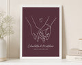 Personalised Couple Line Art Print, Burgundy Wall Art, Hand in Hand Since Print, Anniversary Gift, Wedding Gift, Bedroom Wall Art