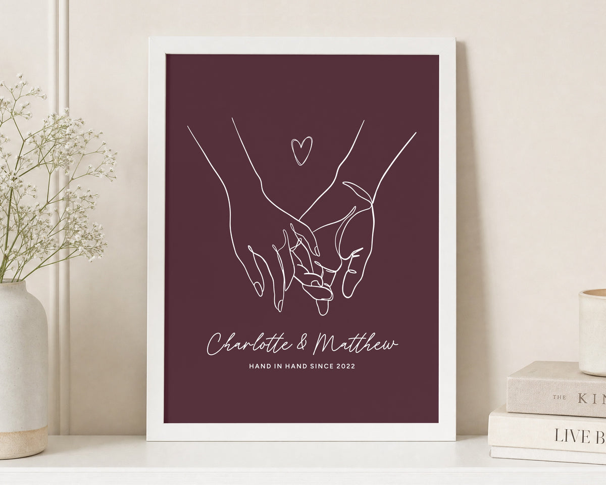 Personalised Couple Line Art Print, Burgundy Wall Art, Hand in Hand Since Print, Anniversary Gift, Wedding Gift, Bedroom Wall Art
