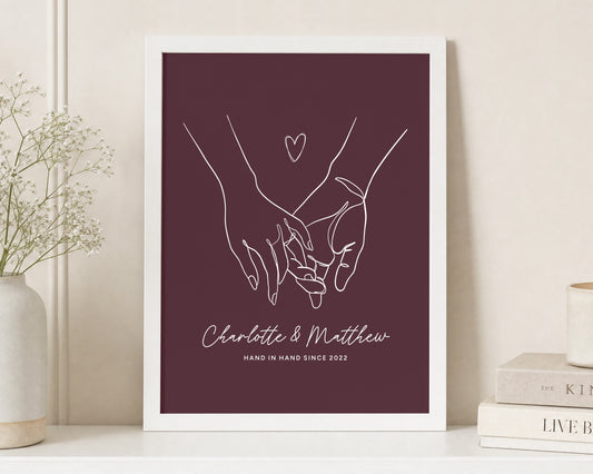 Personalised Couple Line Art Print, Burgundy Wall Art, Hand in Hand Since Print, Anniversary Gift, Wedding Gift, Bedroom Wall Art