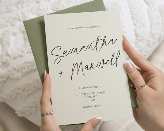 Neutral Green Wedding Invitations with Sage Envelopes, Minimalist Calligraphy Wedding Invites, Elegant Typography Invitations