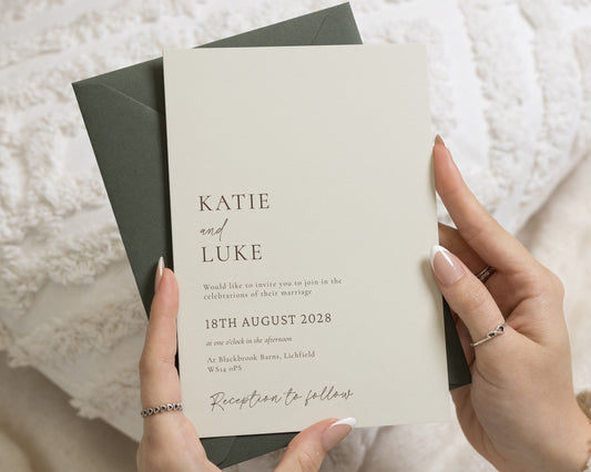 Neutral Green Wedding Invitations with Olive Envelopes, Minimalist Typography Wedding Invites, Elegant Personalised Invitation Suite