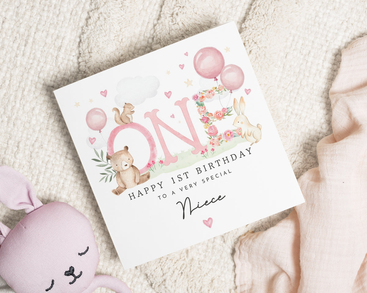 1st Birthday Card for Niece, First Birthday Card, Niece Birthday Card, Birthday Card for Girl, Cute Bunny Bear Birthday Card