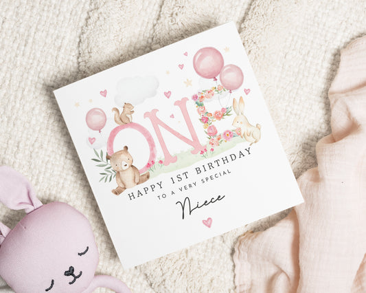 1st Birthday Card for Niece, First Birthday Card, Niece Birthday Card, Birthday Card for Girl, Cute Bunny Bear Birthday Card