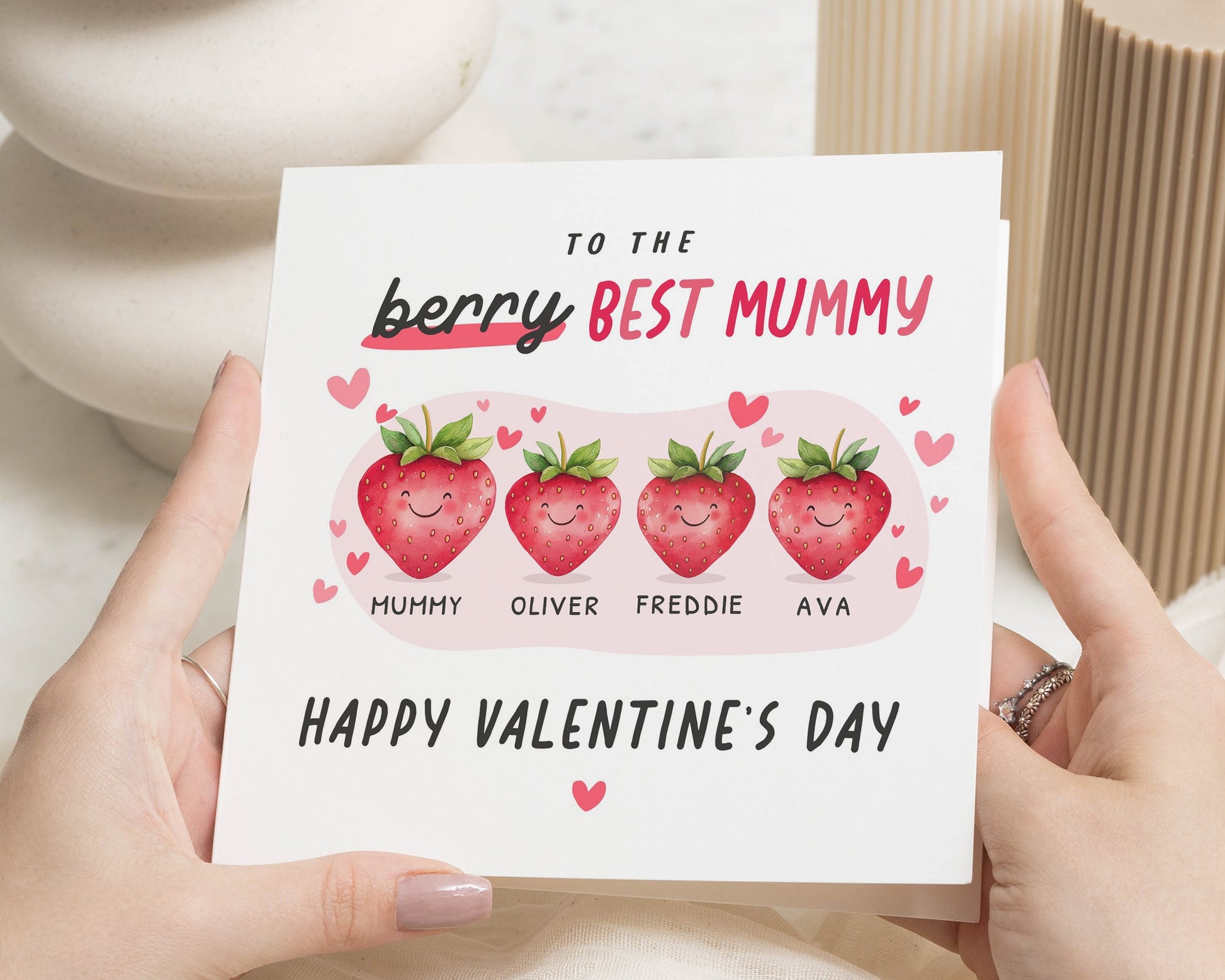 Valentines Day Card for Mummy, Personalised Valentines Card, Card from Kids, Card for Mum, Cute Strawberry Card, Card for Her