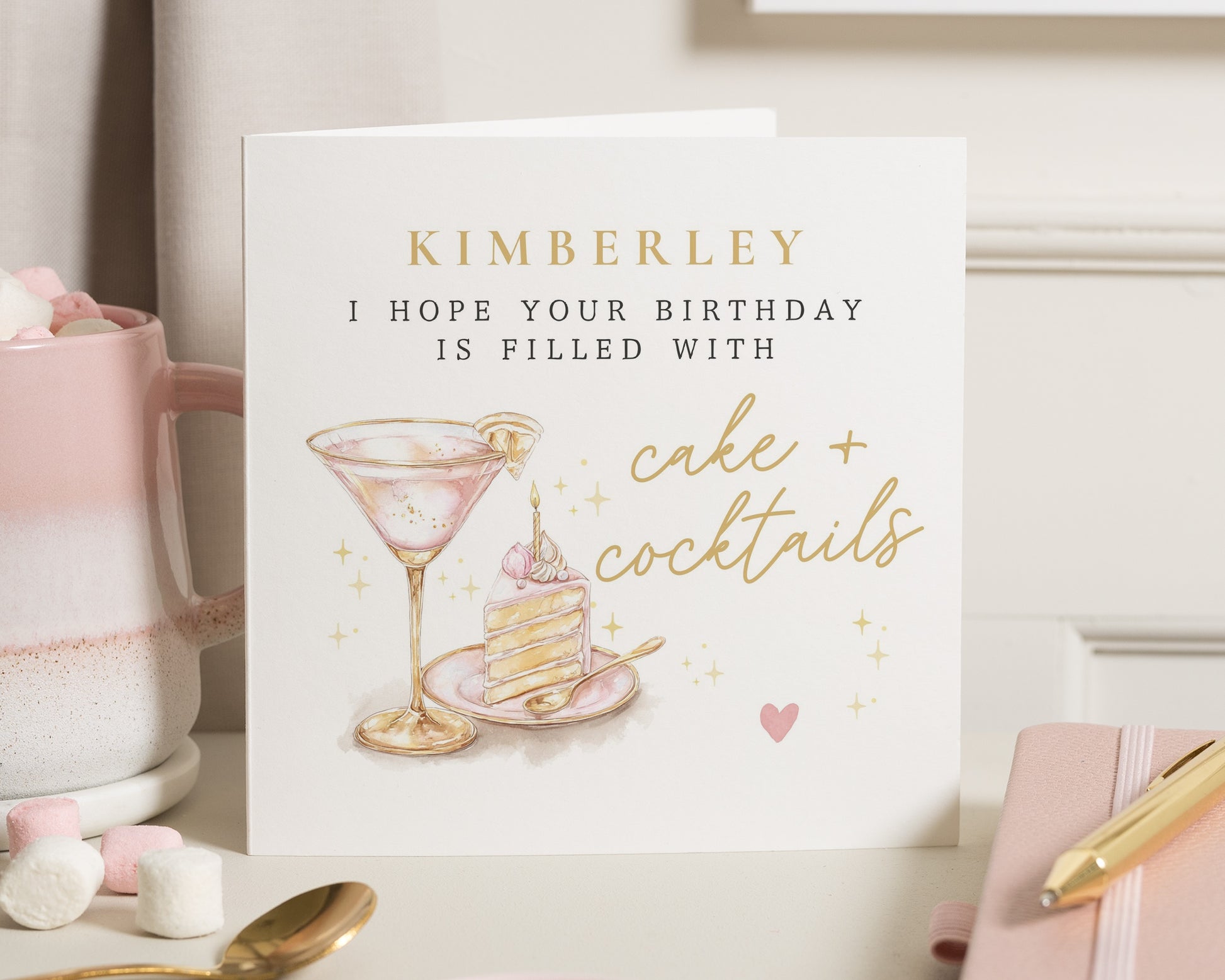 Birthday Card for Her, Personalised Birthday Card, Cake and Cocktails Card, Birthday Card for Friend, Birthday Card for Women
