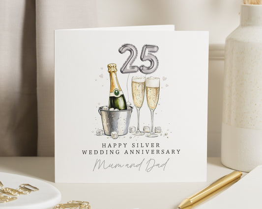 Silver Wedding Anniversary Card, 25th Anniversary Card for Mum and Dad, Anniversary Card for Parents, Champagne Anniversary Card