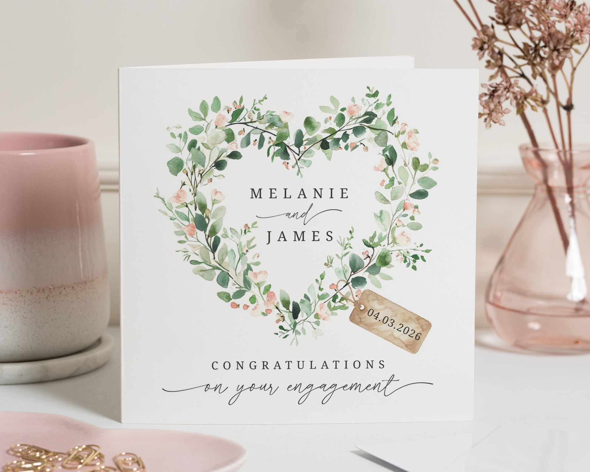 Engagement Card, Personalised Engagement Card, Engagement Card for Couple, Floral Heart Card, Congratulations Card