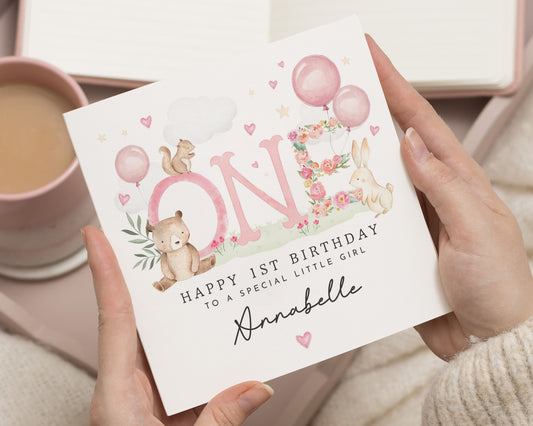 1st Birthday Card for Girl, Personalised First Birthday Card, Birthday Card for Daughter, Cute Animal Birthday Card, Bunny Bear Card