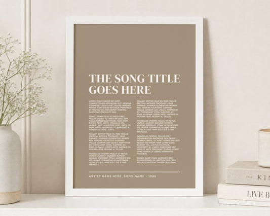 Personalised Song Lyrics Print, Custom Song Lyric Wall Art, Taupe Wall Art, Wedding Gift, Anniversary Gift, Music Lover Gift