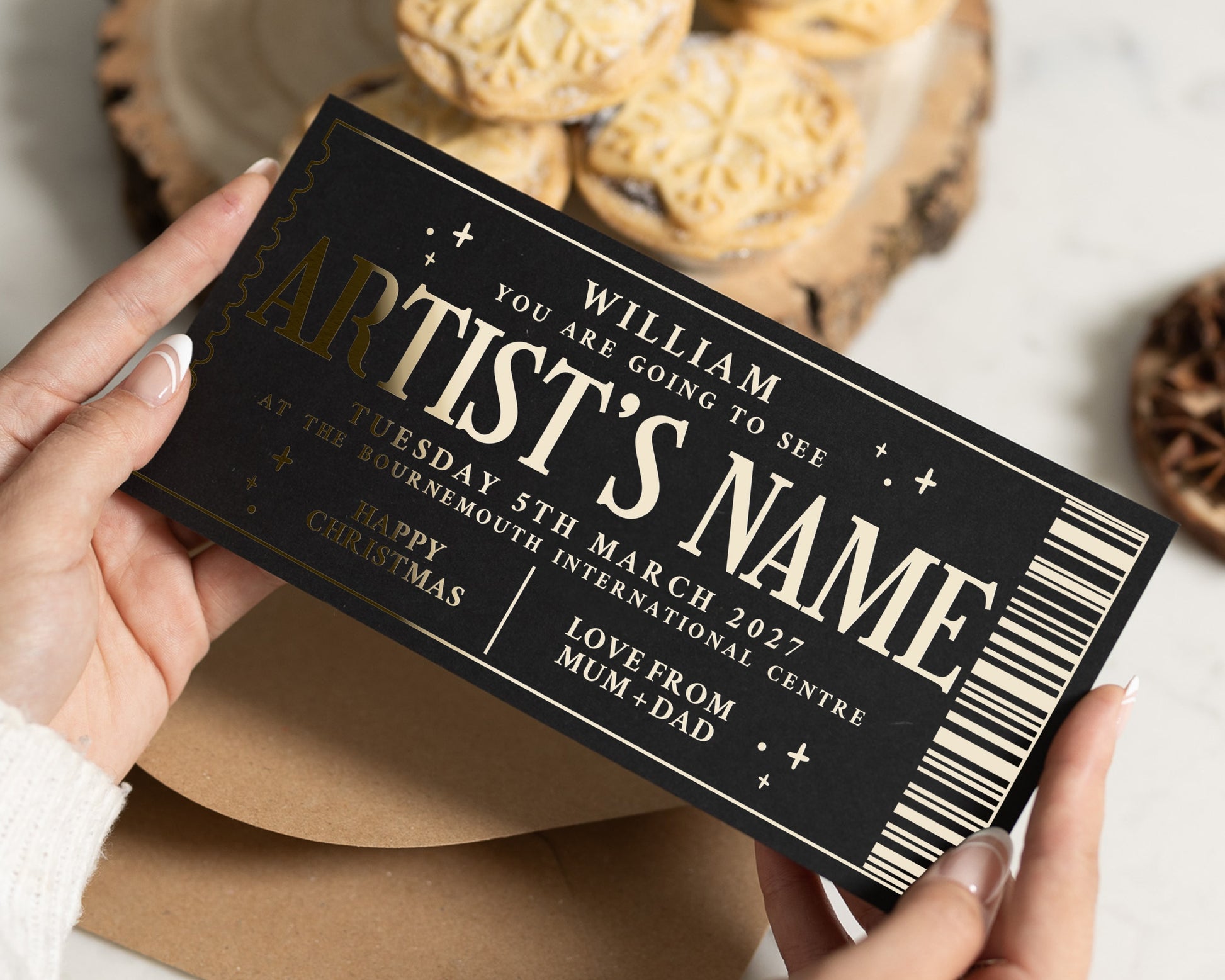 Personalised Concert Ticket Gift, Custom Scratch To Reveal Gift, Gold Foil Christmas Gift Voucher, Gift For Him Or Her