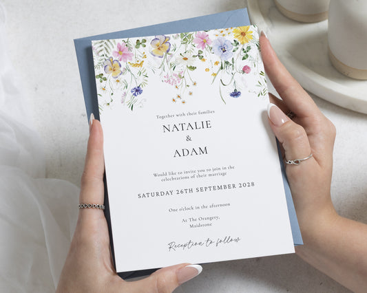 Wildflower Wedding Invitations, Floral Wedding Invite, Botanical Garden Wedding Stationery, Dusty Blue Personalised Invitation Suite