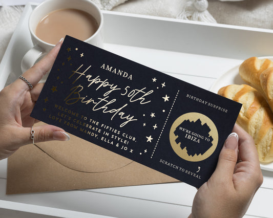 50th Birthday Scratch to Reveal Card, Holiday Reveal Gift Voucher, Birthday Surprise Trip, Personalised Ibiza Gift Voucher