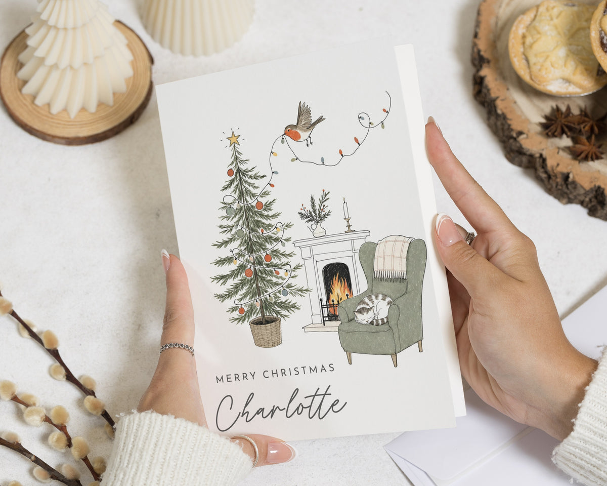Personalised Christmas Card, Christmas Card for Her, Christmas Cards, Robin Christmas Card, Cat Christmas Card, Custom Xmas Card