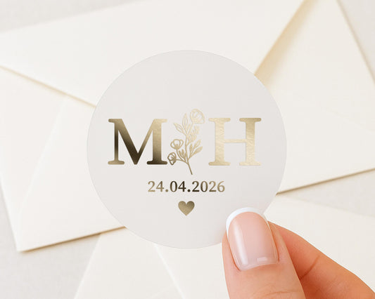 Personalised Wedding Sticker, Gold Foil Initials Sticker, Custom Wedding Envelope Seal, Monogram Wedding Label, Date Sticker
