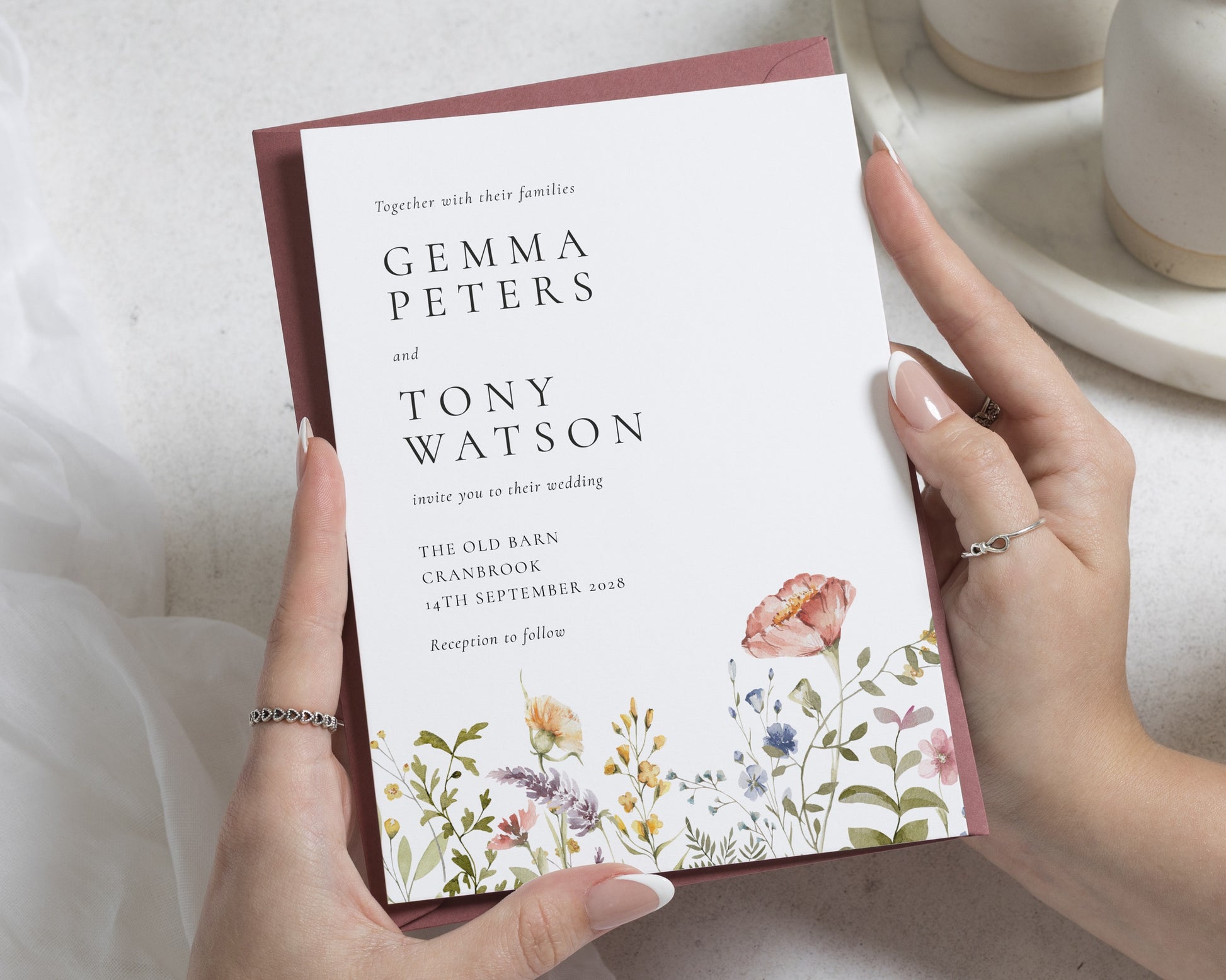 Wildflower Wedding Invitations, Dusty Pink Floral Wedding Invite, Watercolour Botanical Stationery, Personalised Invitation Suite