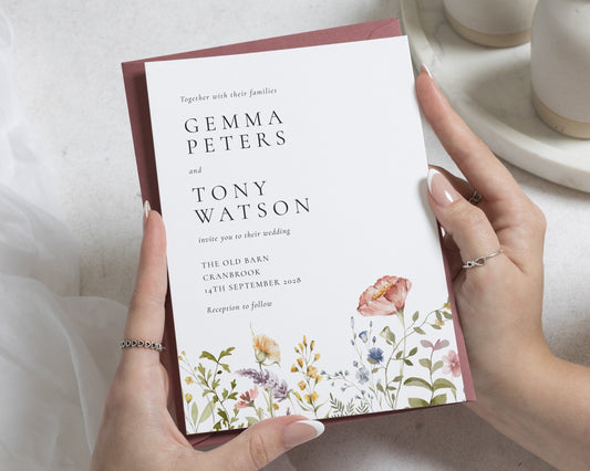 Wildflower Wedding Invitations, Dusty Pink Floral Wedding Invite, Watercolour Botanical Stationery, Personalised Invitation Suite