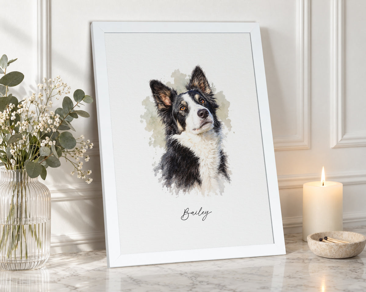 Personalised Pet Portrait Print, Watercolour Dog Portrait From Photo, Pet Memorial Gift, Gift for Dog Lover, White Framed Wall Art