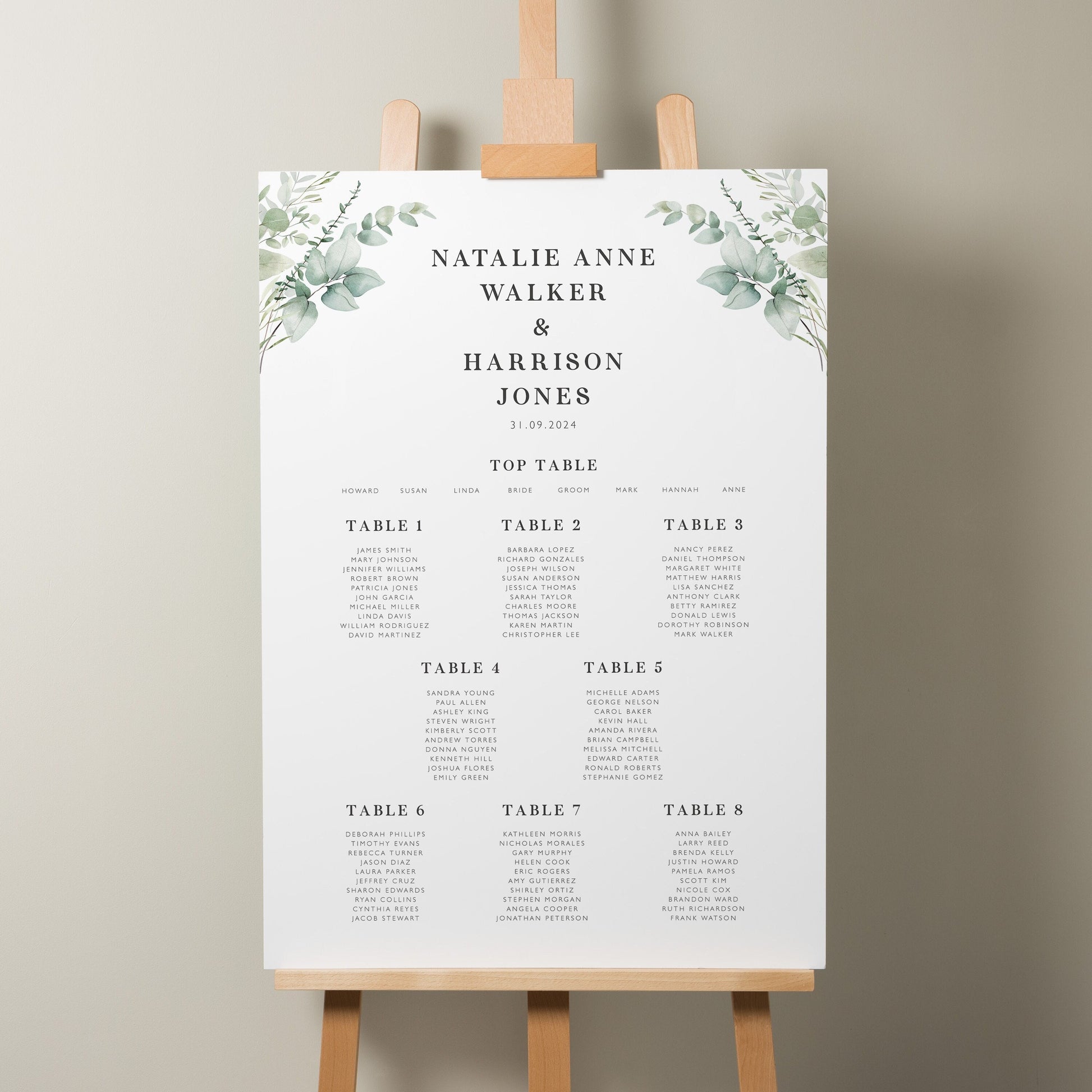 Botanical Seating Plan, Personalised Table Plan, Greenery Floral Wedding Table Plan, Find Your Seat Sign, Foliage Wedding Decor &#39;Natalie&#39;