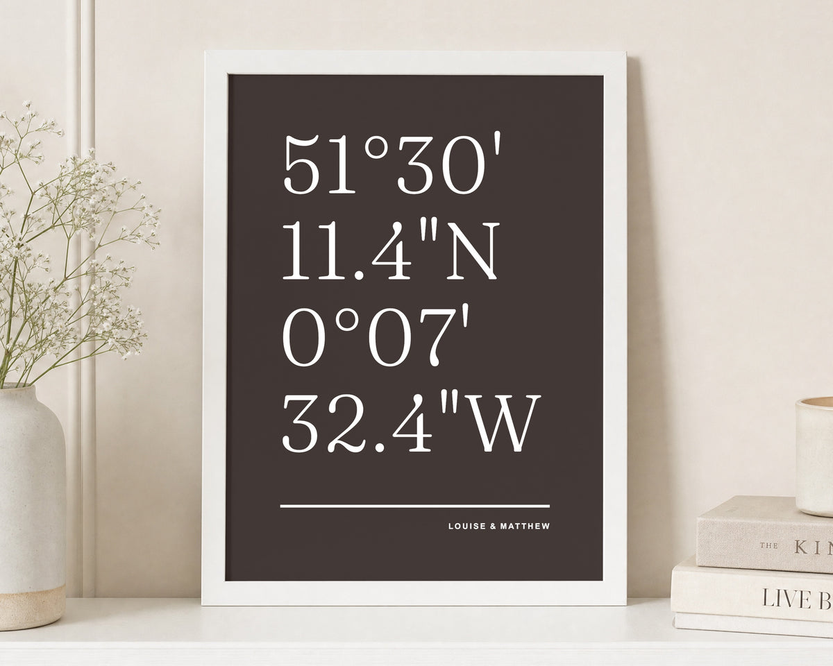 Personalised Coordinates Print, Brown Wall Art, Custom Location Print, Wedding Gift, Anniversary Gift, New Home Gift, Gift for Couple
