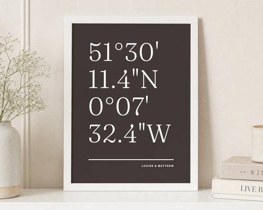 Personalised Coordinates Print, Brown Wall Art, Custom Location Print, Wedding Gift, Anniversary Gift, New Home Gift, Gift for Couple