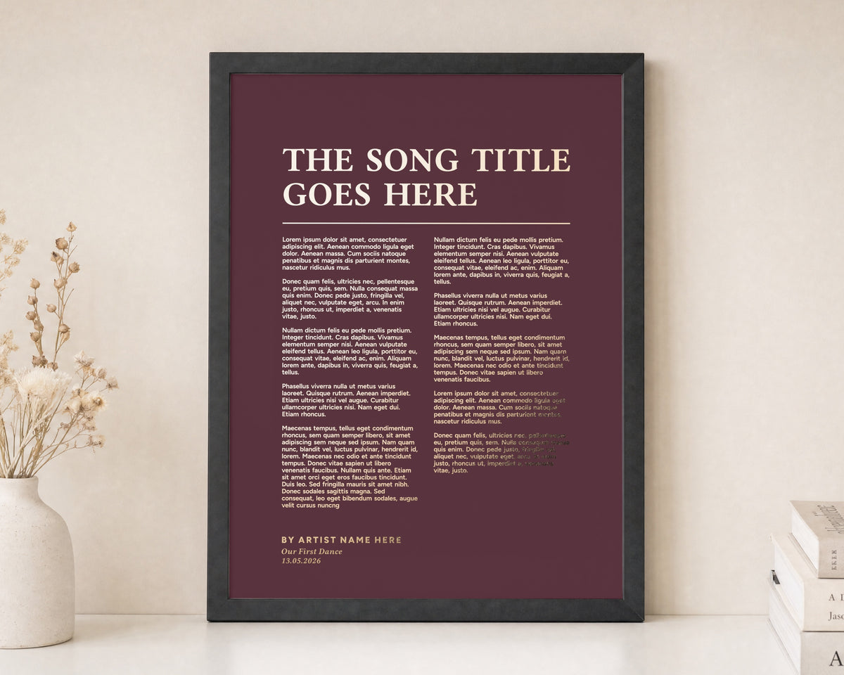Personalised Gold Foil Song Lyrics Print, Burgundy Wall Art, First Dance Wedding Gift, Anniversary Gift for Couple