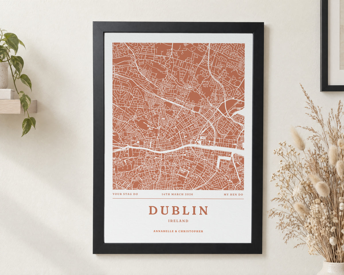 Personalised Map Print, Custom Location Wall Art, Hen and Stag Do Gift for Couple, Wedding Keepsake, Terracotta Map Art, Black Framed Print
