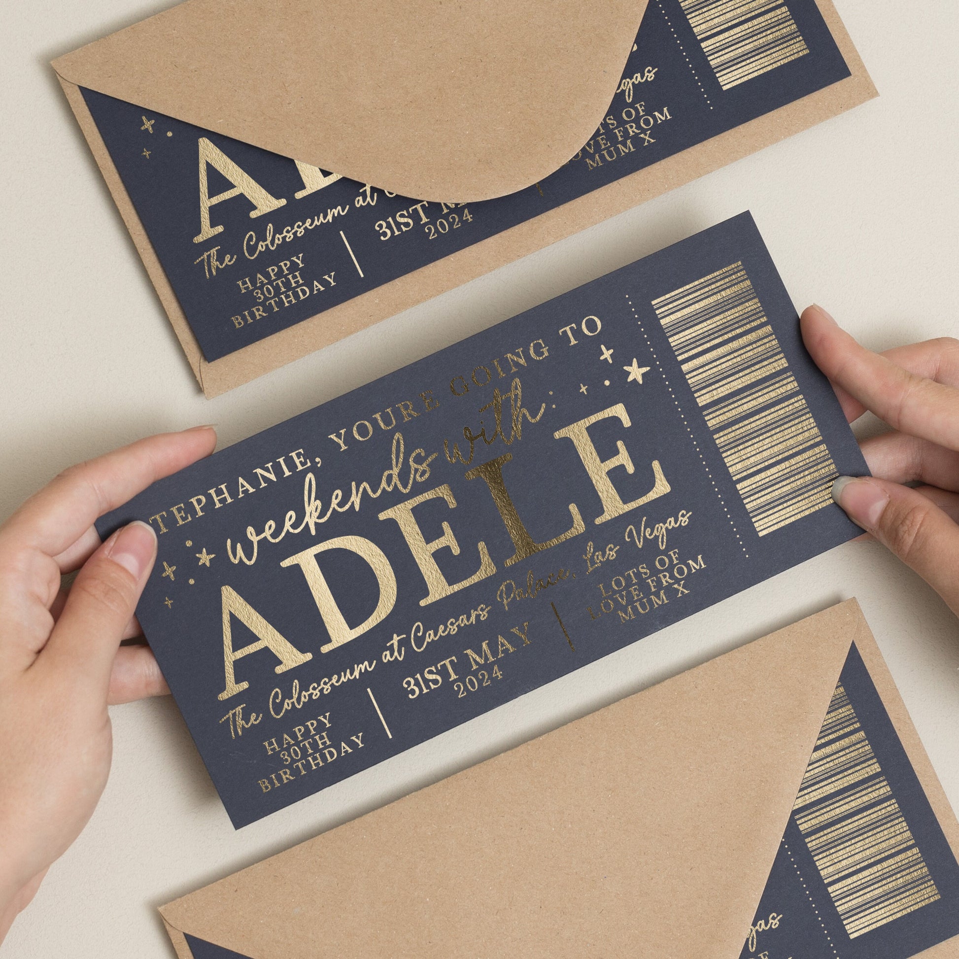 Adele Gig Ticket Gold Foil Gift Voucher, Personalised Gold Foil Scratch Gift Voucher, Scratch Reveal Gift, Scratch To Reveal, Gig Ticket