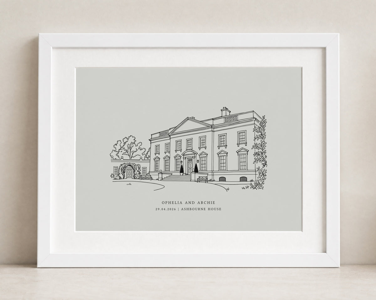 Personalised Venue Illustration from Your Photo, Custom Couple Print, Soft Grey Wall Art, Wedding Gift, Anniversary Print, Landscape Print