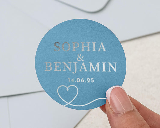 Personalised Wedding Sticker, Custom Foil Wedding Label, Heart Sticker, Name and Date Sticker, Blue Wedding Sticker, Gold Foil Label