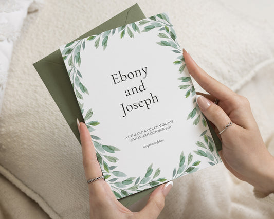 Greenery Wedding Invitations, Botanical Wedding Invite, Sage Green Watercolour Leaves, Elegant Personalised Invitation Suite