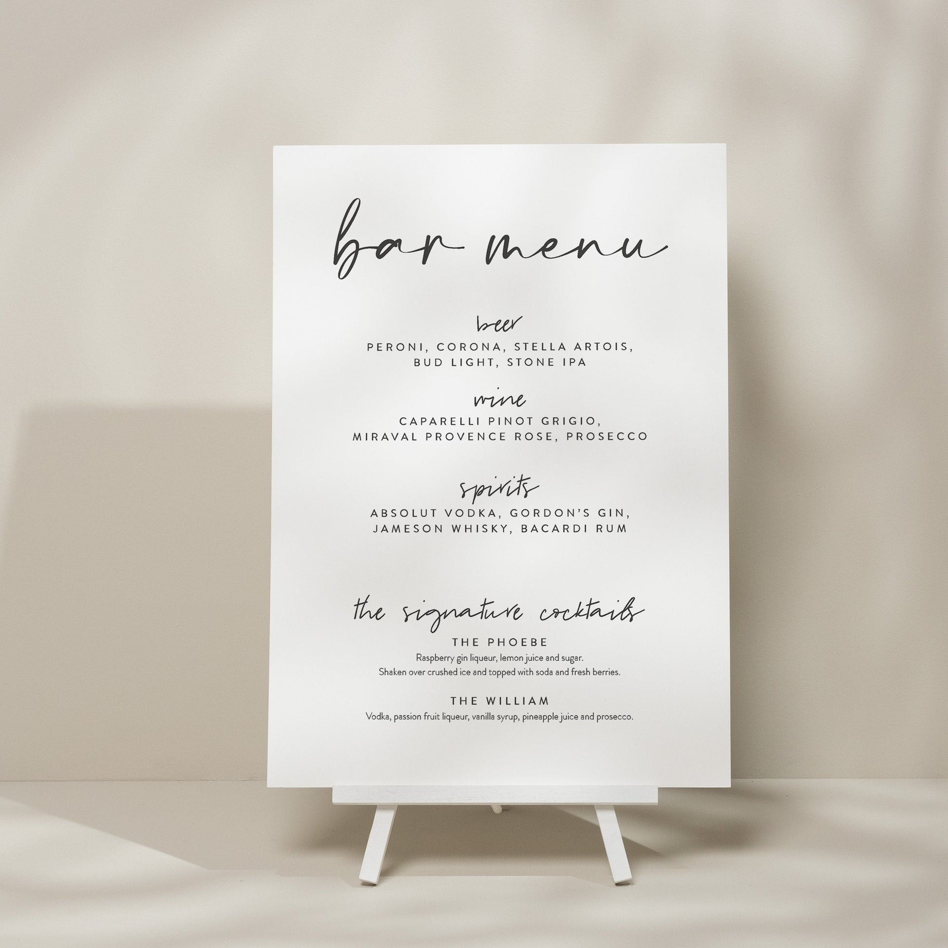 Wedding Bar Menu Sign, Drink Menu Sign, Calligraphy Wedding Signage, Drink List Sign, Minimalist Wedding Design &#39;Phoebe&#39;