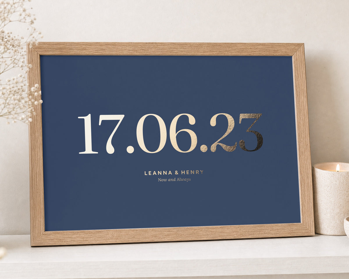 Personalised Gold Foil Date Print, Slate Blue Wall Art, Wedding Gift, Anniversary Gift, Couple Bedroom Wall Art