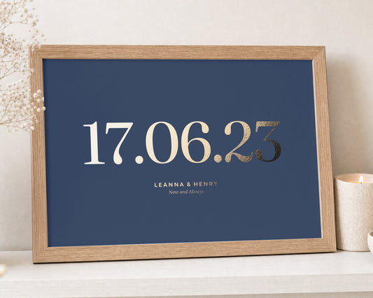 Personalised Gold Foil Date Print, Slate Blue Wall Art, Wedding Gift, Anniversary Gift, Couple Bedroom Wall Art