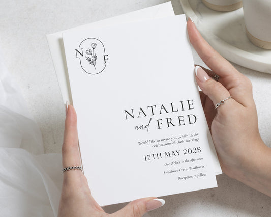 Monogram Wedding Invitations, Minimalist Botanical Wedding Invite, Elegant Black and White Floral Personalised Invitation Suite