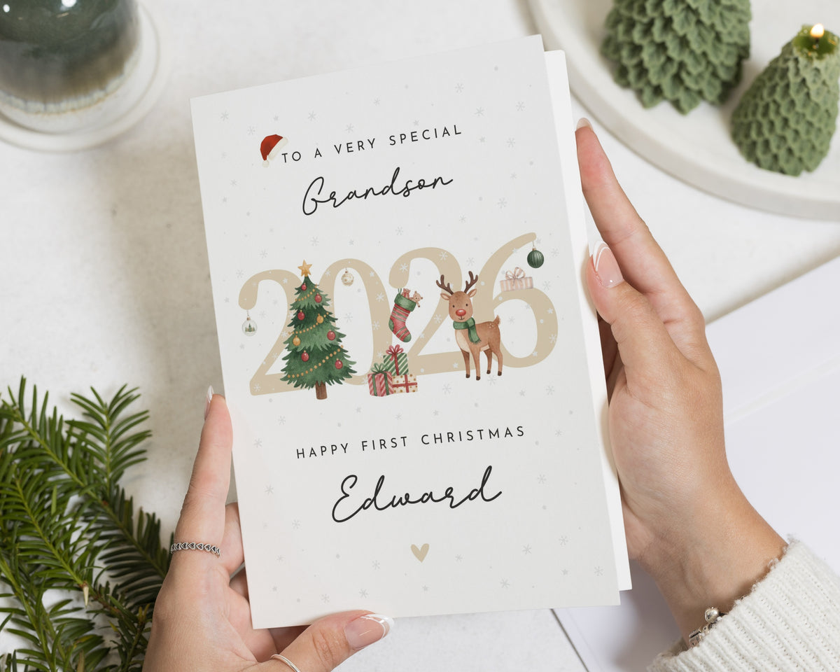 Personalised First Christmas Card for Grandson, 1st Christmas Card, Baby Boy Christmas Card, Grandson Xmas Card, Custom Name Card