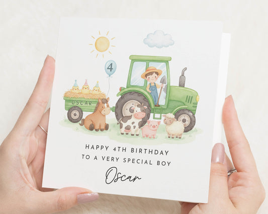 4th Birthday Card for Boy, Personalised Tractor Birthday Card, Farm Animal Birthday Card, Birthday Card for Son, Cute Kids Birthday Card