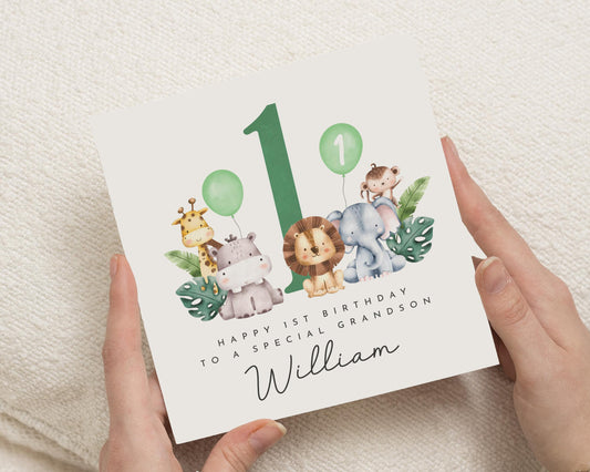 1st Birthday Card for Grandson, Grandson First Birthday Card, Safari Animal Birthday Card, Personalised 1st Birthday Card for Boy