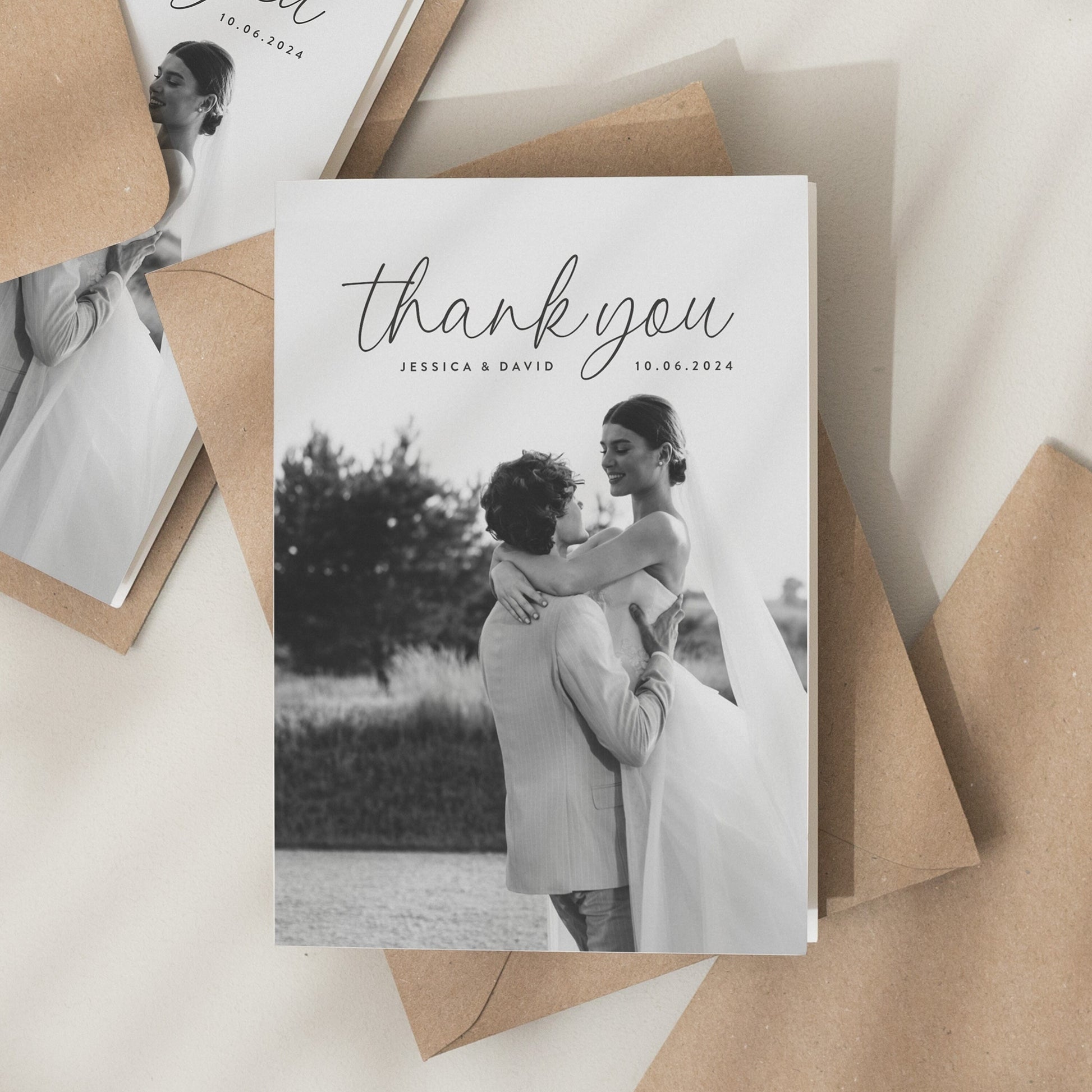 Simple Wedding Thank You Cards, Folded Wedding Card With Photo, Thank You Cards Wedding, Modern Wedding Thank You, Thank You Wedding Card