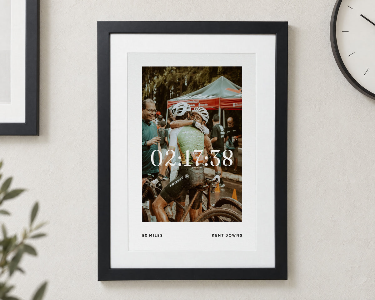 Personalised Sports Photo Print, Custom Race Time Wall Art, Cycling Gift, Runner Gift, Portrait Black Framed Print with Mount