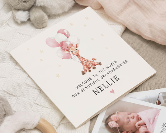 New Baby Card for Granddaughter, Personalised Baby Girl Card, Welcome to the World Card, Cute Giraffe Card, Baby Granddaughter Card